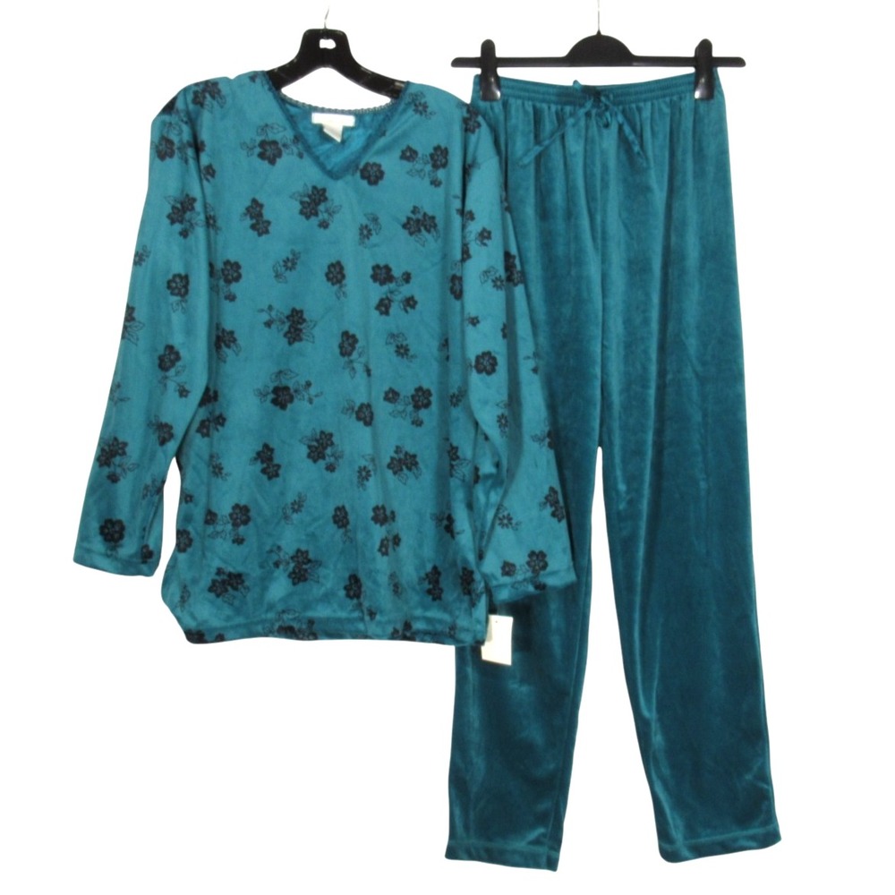 NWT PARTNERS INTIMATES Jade VELOUR Floral LACE V-NECK Lounge PAJAMA TOP/PANTS M